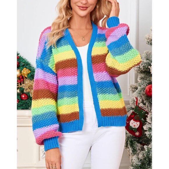Women's Rainbow Striped Knit Cardigan V Neck Open Front Fall Sweater - Picture 3 of 7